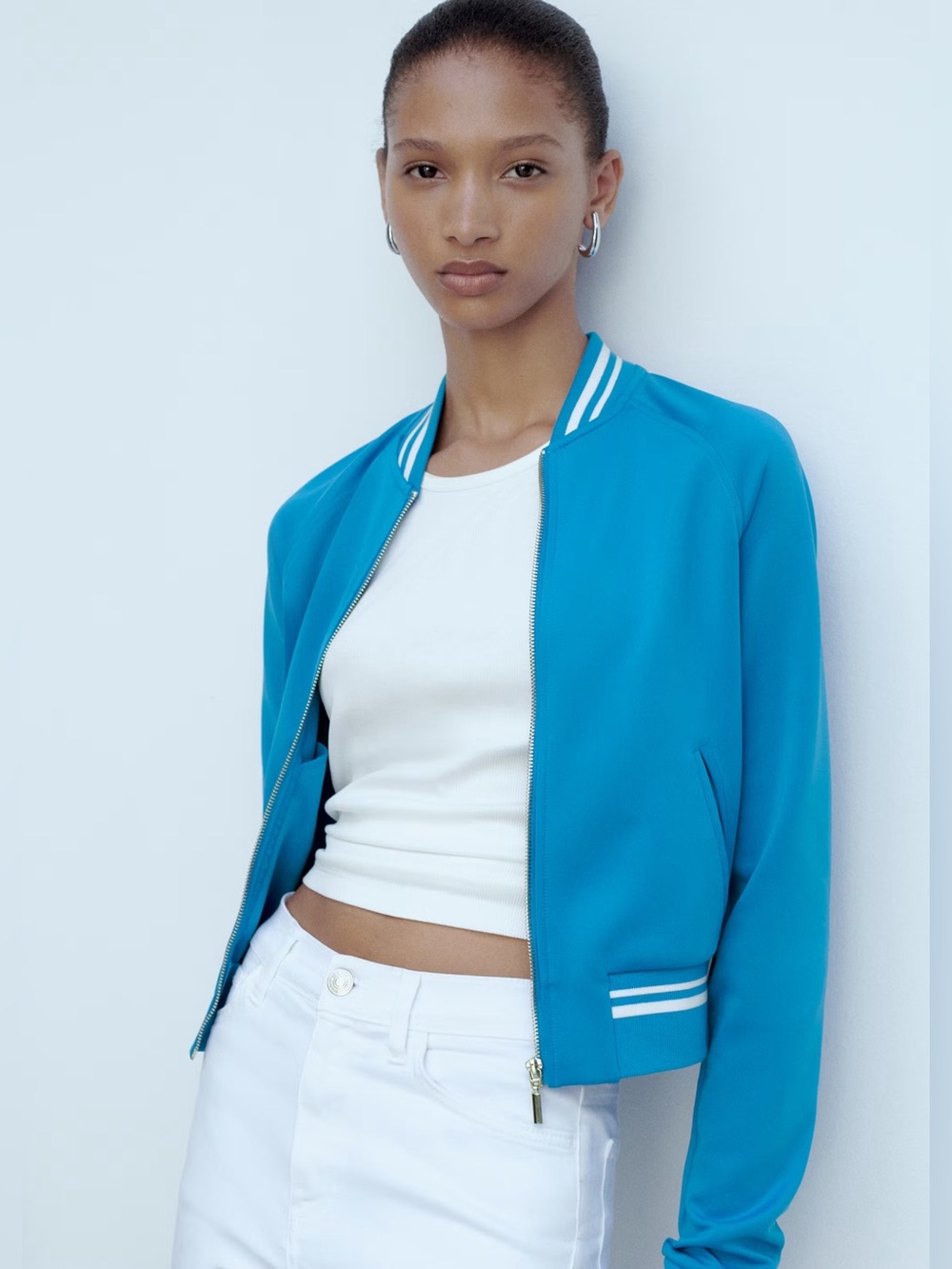Mango Blue contrasting striped bomber jacket NWT
